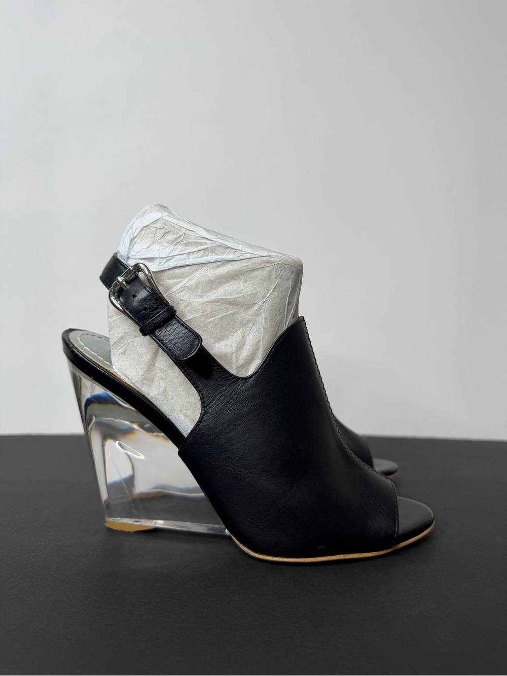Nine West Black Leather Open-Wedge Slide Sandals with Clear Heel